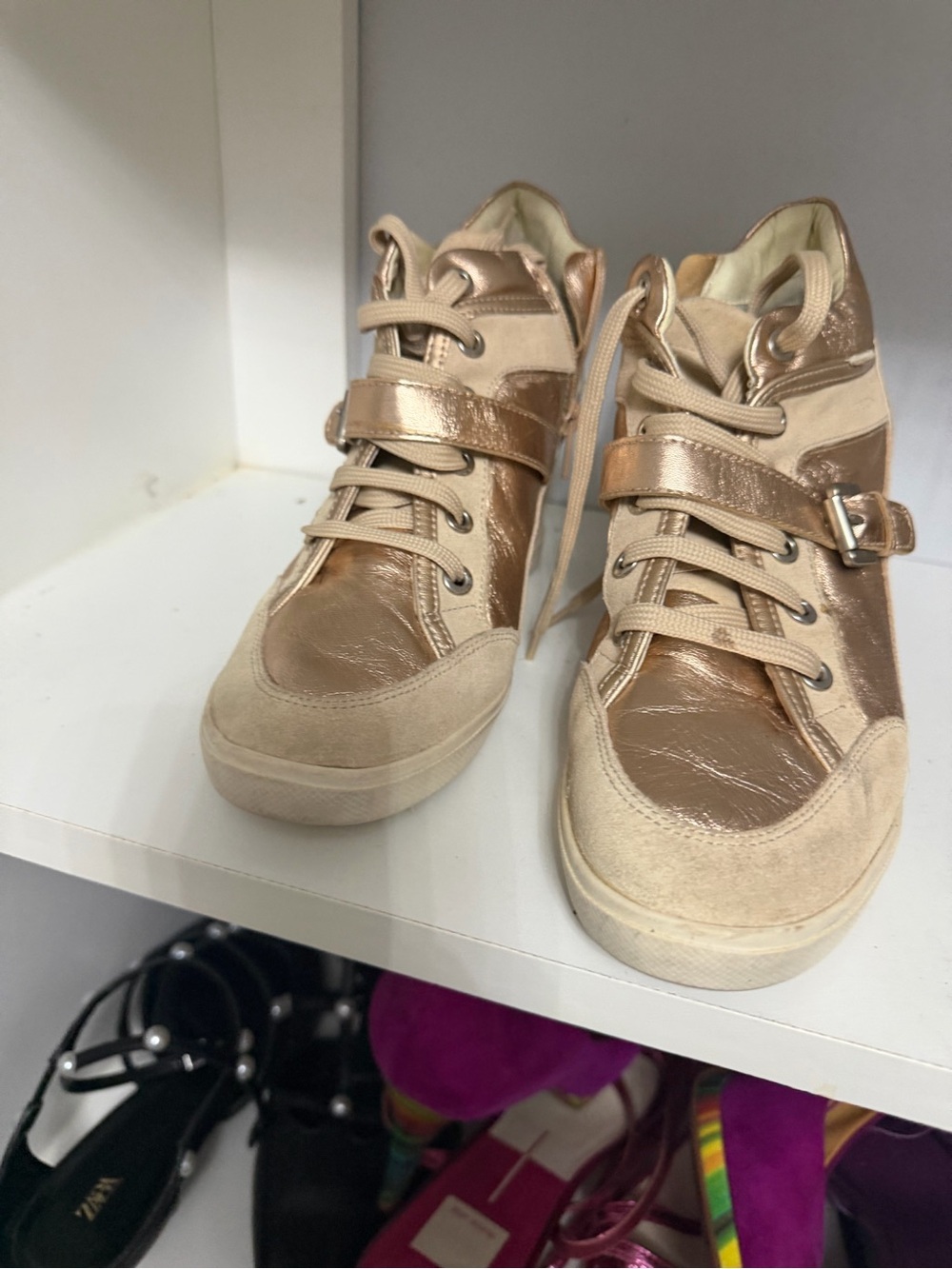 Geox Beige and Metallic Rose Gold High-Top Sneakers